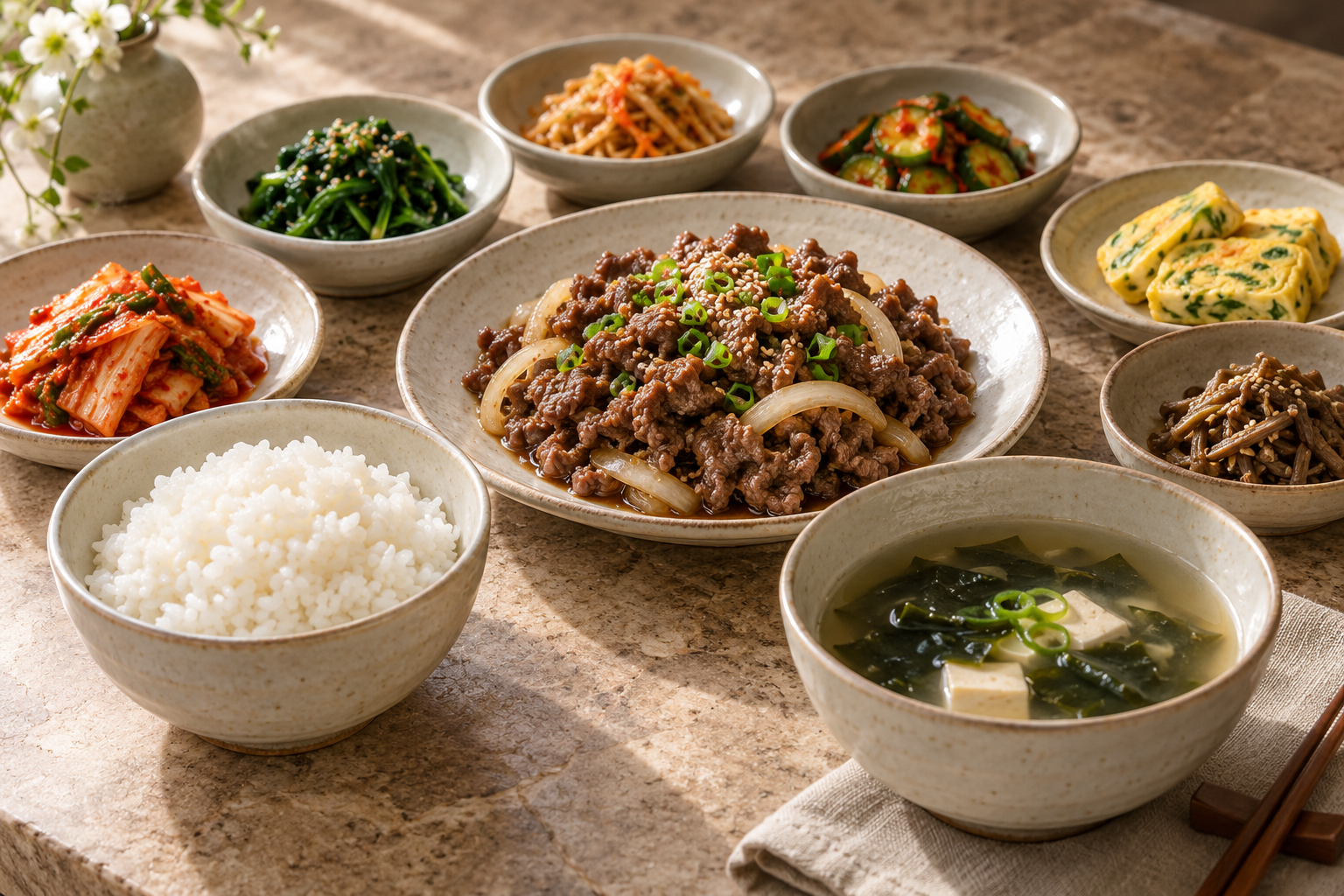 도자기 그릇에 담긴 밥과 국, 불고기, 채소 반찬