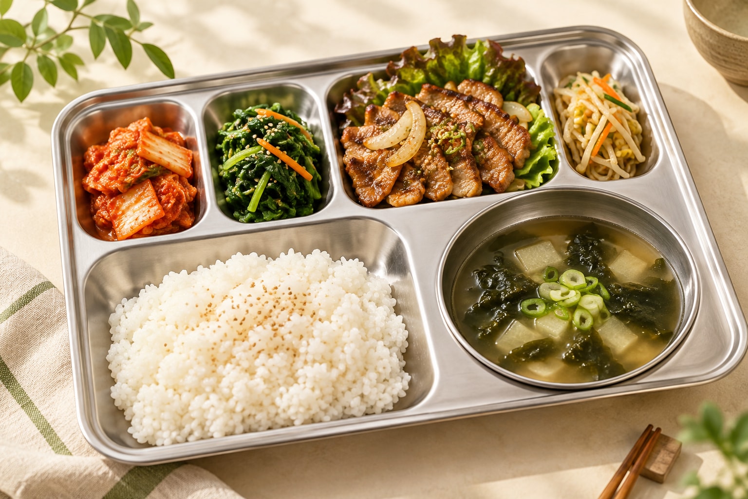 밥과 국, 고기와 반찬이 담긴 식판